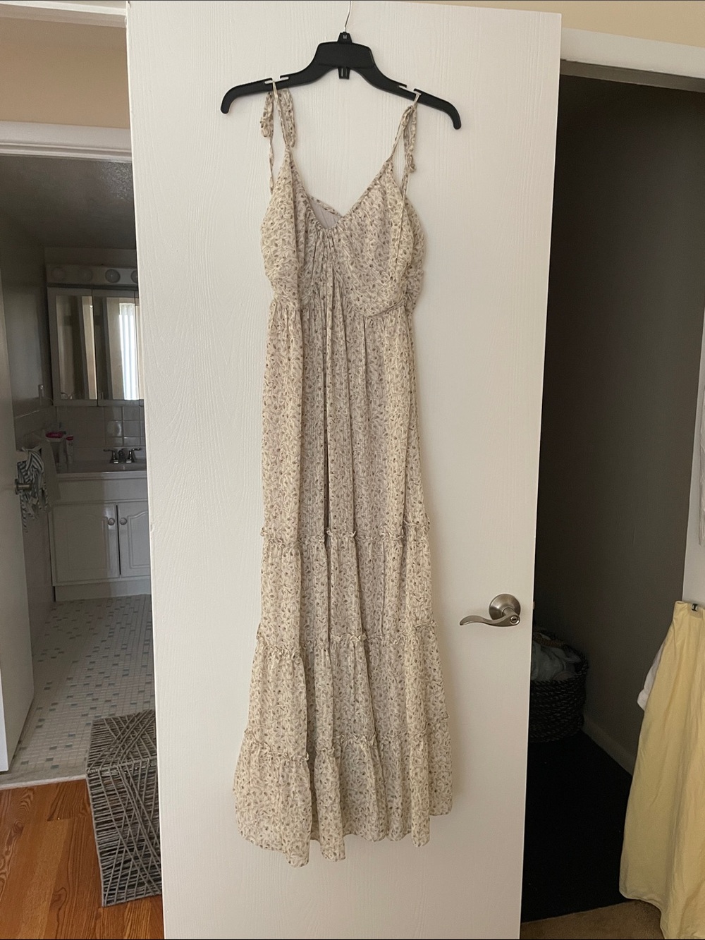 Light Cream Floral Tiered Maxi Dress with Tie Straps